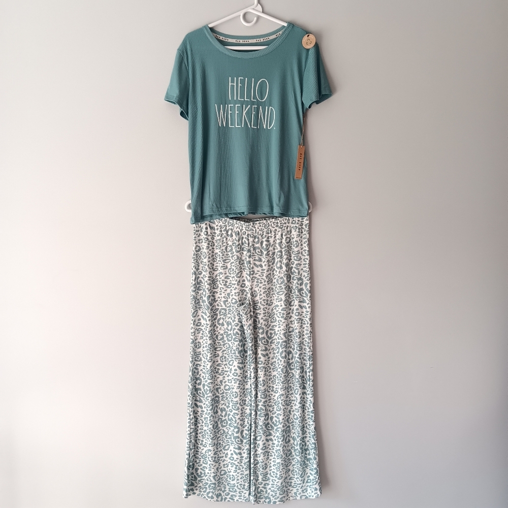 New Rae Dunn Hello Weekend Pajamas Short Sleeve Wide Leg Pant Blue White Medium